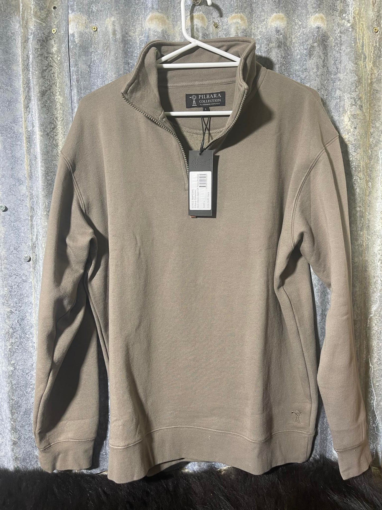 Pilbara Mens Classic Zipper C/F Fleece Pullover - Hare