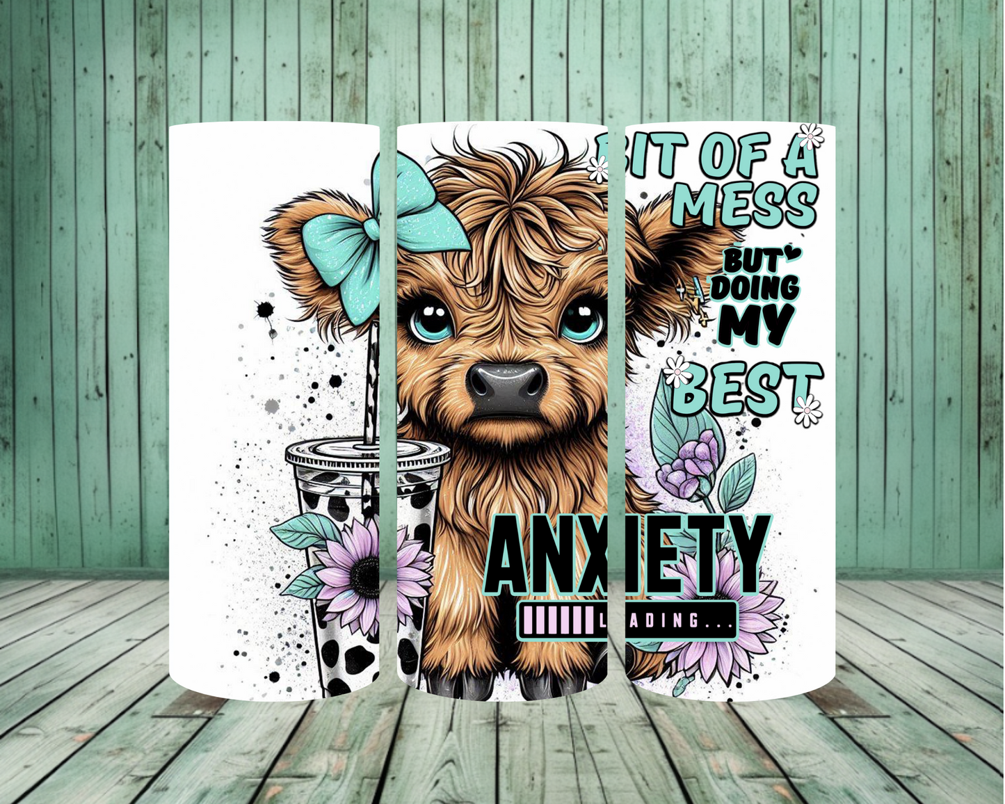 20 oz Tumbler - Anxiety highland cow blue