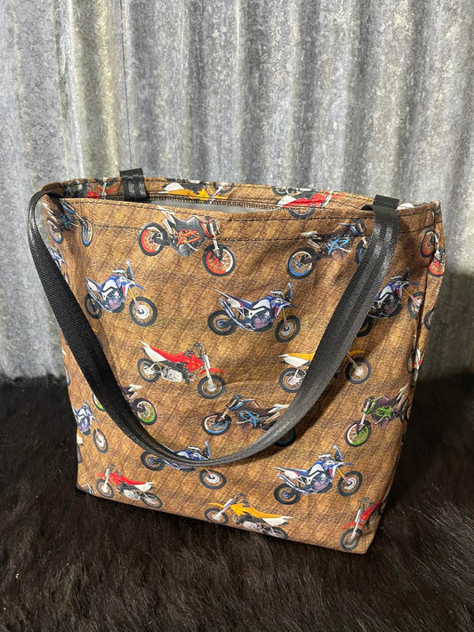 Ready made Fabric Shopping bag - motorbikes brown background