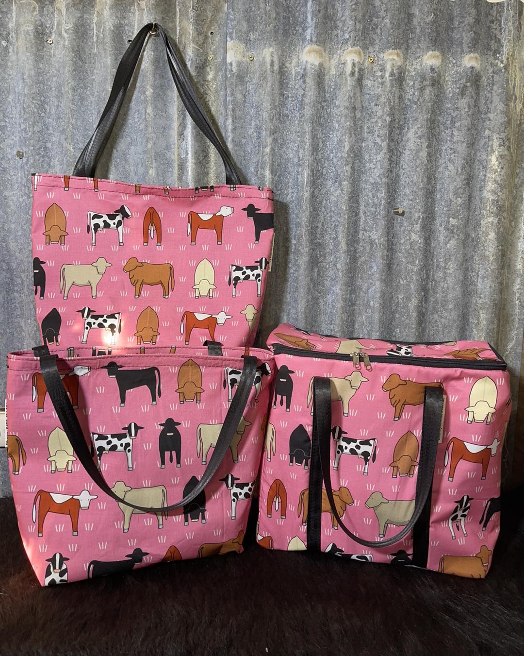 Ready made Shopping Bag Set (insulated cooler bag) - Pink Cows