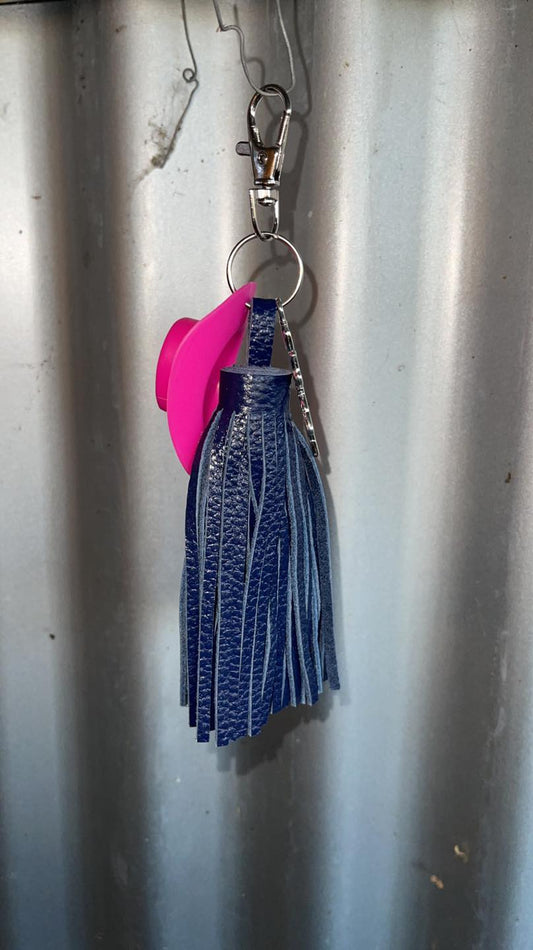 Cowboy hat keyring with leather tassel - Navy