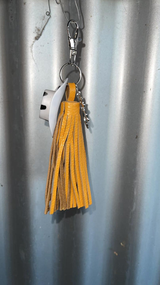 Cowboy hat keyring with leather tassel - Yellow