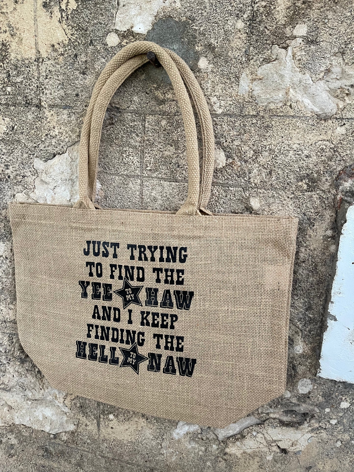 Market garden hessian Shopping bag - trying to find the yeehaw