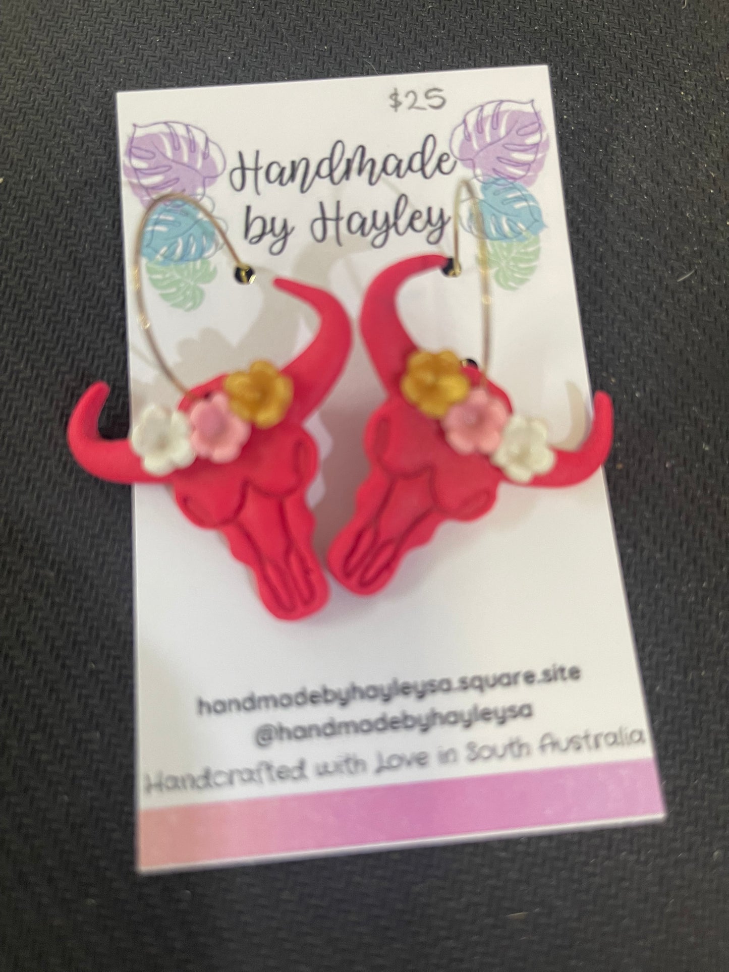 Earrings - Boho Cow Skull Dangles - Coral