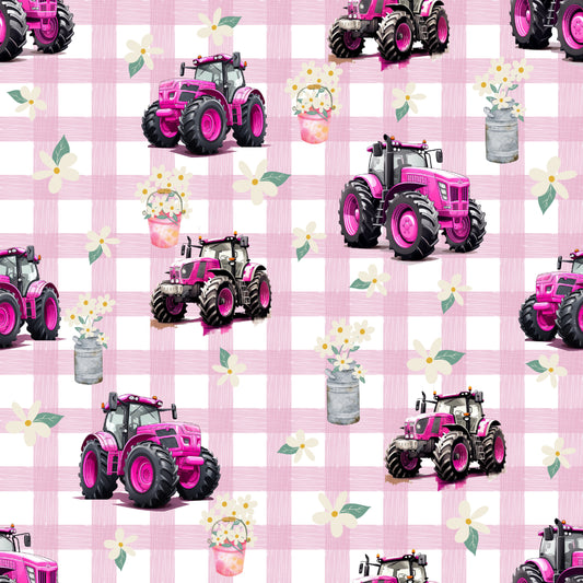 Pre Order Swag Blanket - Pink Tractors on gingham