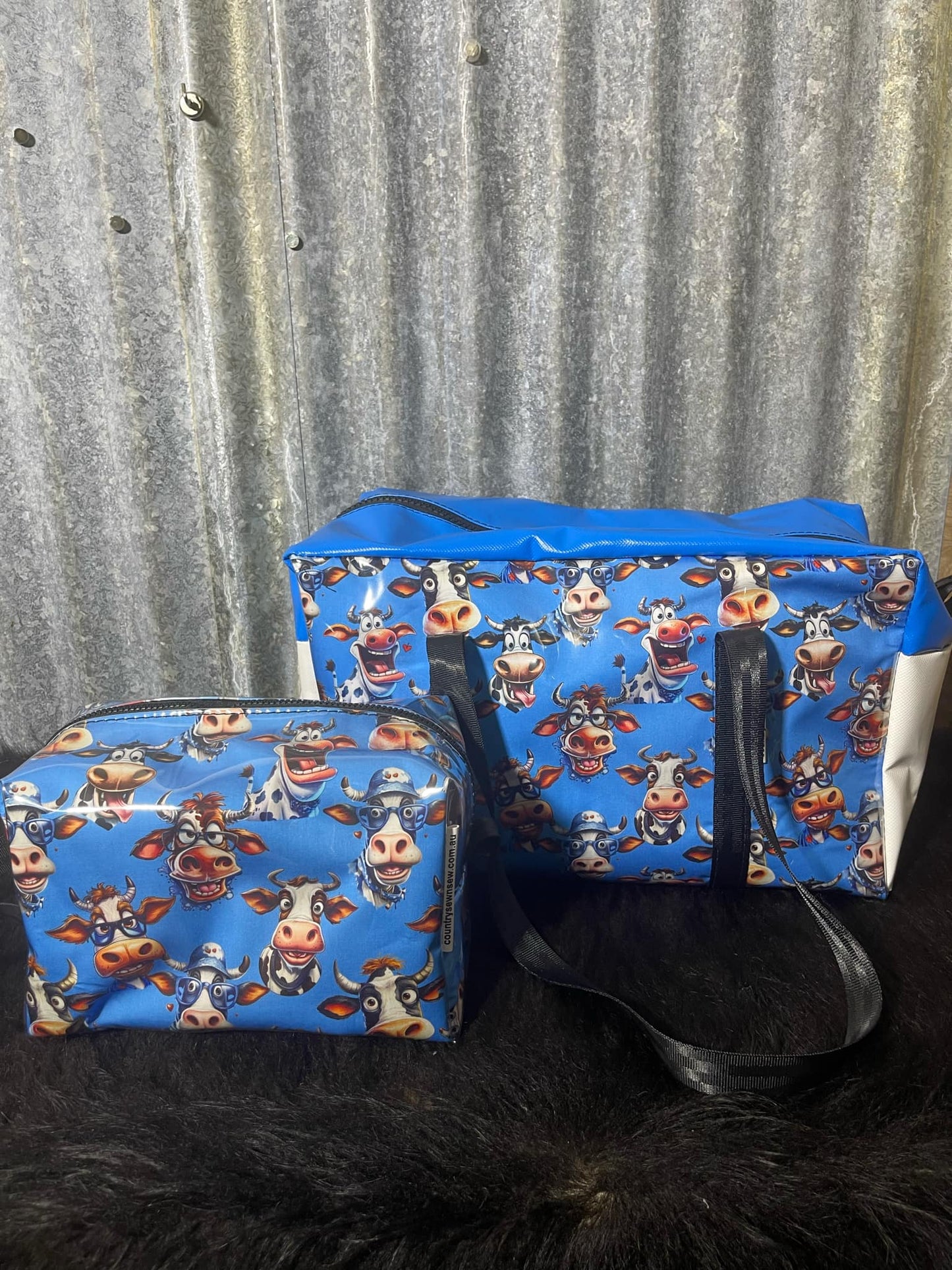 Pvc Overnight bag and toiletry bag set (Ready made) - Crazy cows