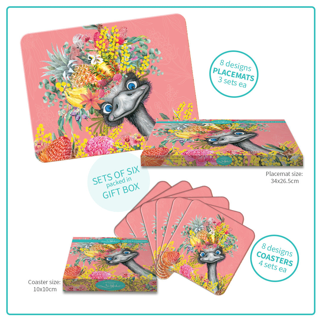 Lisa Pollock placemats and coasters set. - Emu-sing