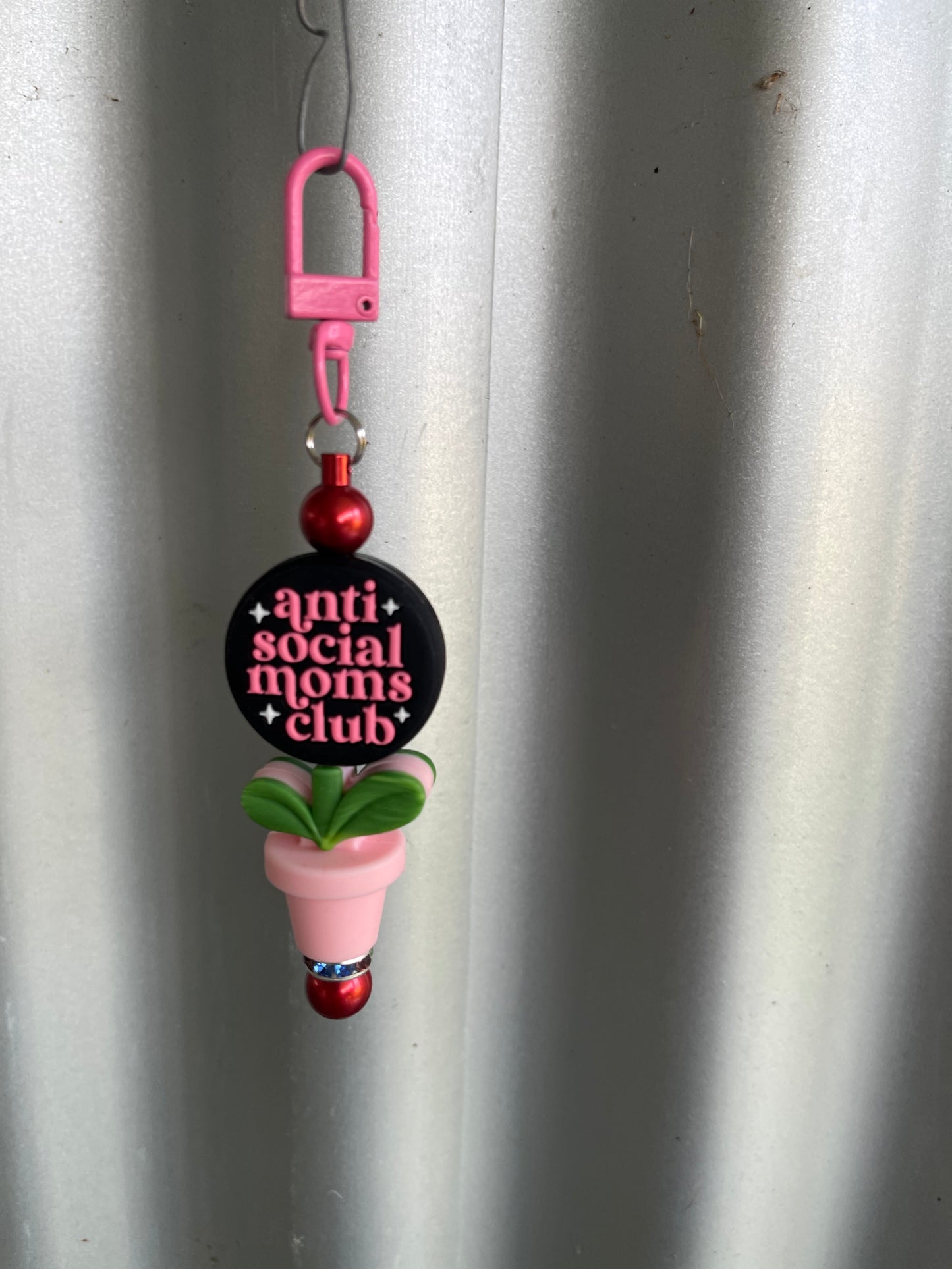 Keyring, beaded - anti social moms club flower pot.