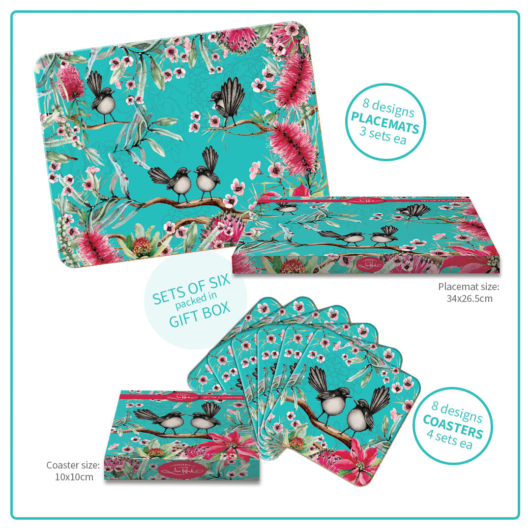 Lisa Pollock placemats and coasters set. - Willy Wagtails