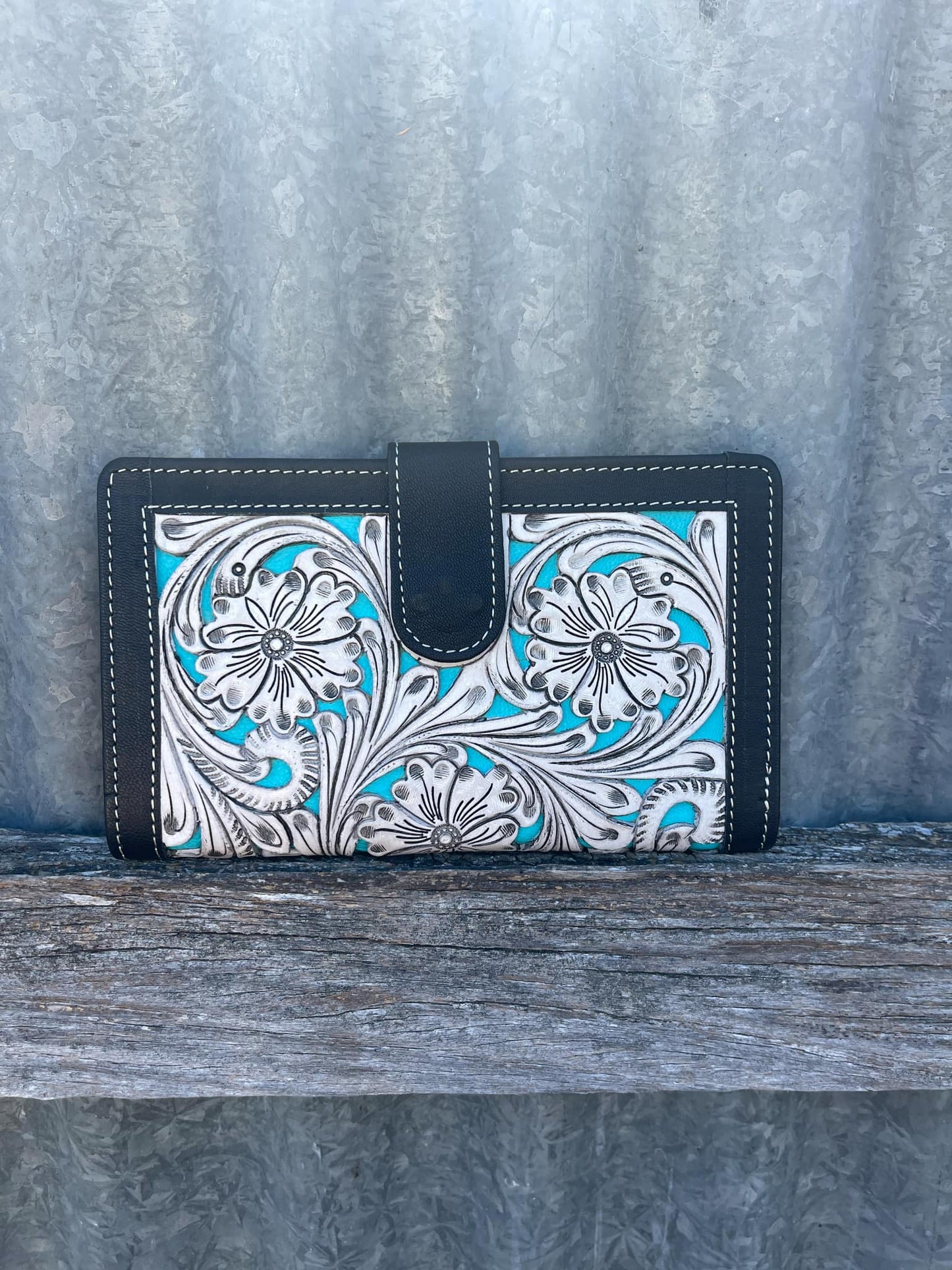 Tooling Leather Carved Clutch Wallet with Turquoise Base