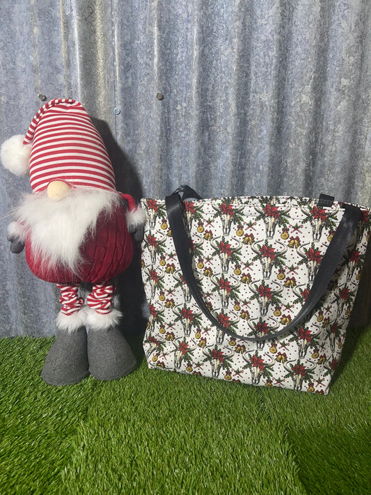 Ready made Fabric Shopping bag - Christmas cow skulls