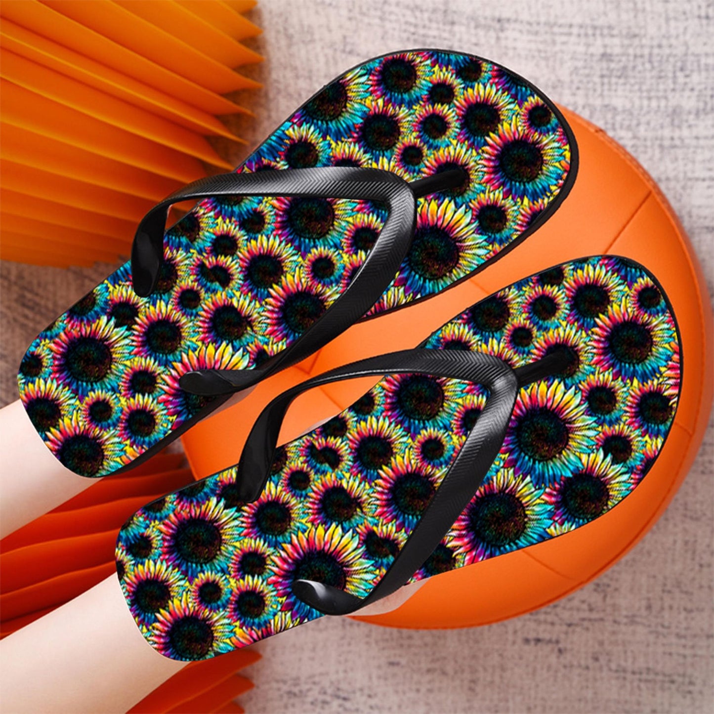 women's Flip Flops - Neon Sunflowers