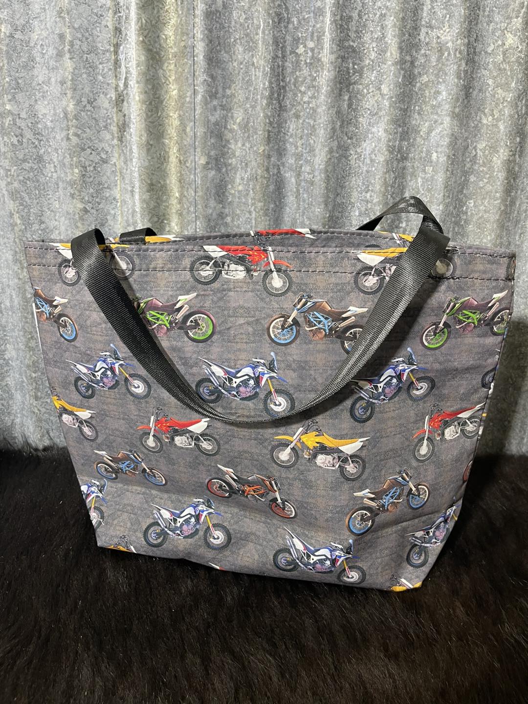 Ready made Fabric Shopping bag - Motorbikes on blue