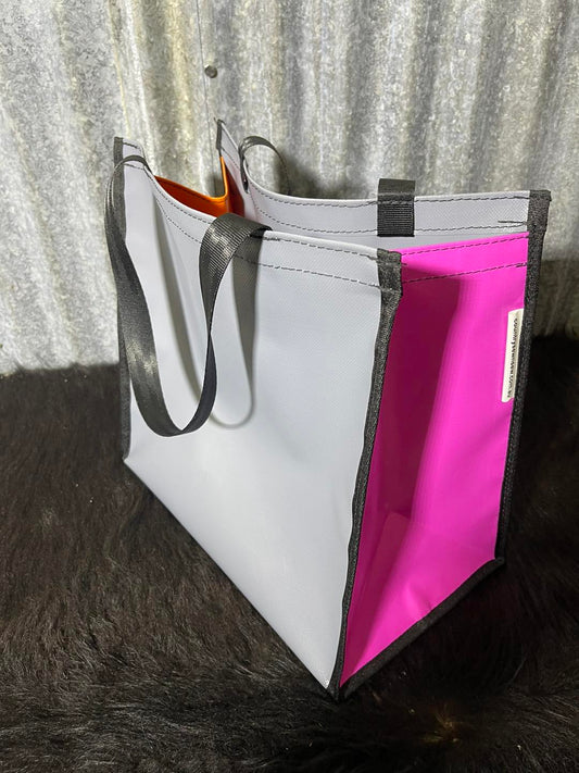 PVC Shopping bag -  (Ready Made) Grey, pink, orange