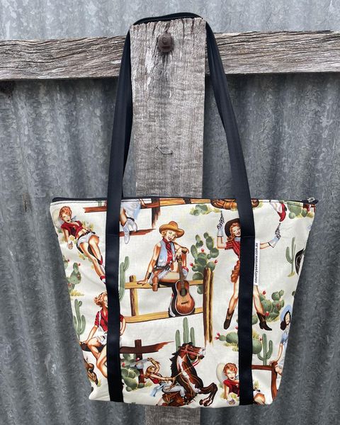 Fabric Shopping bag with ZIP - (Ready Made) Vintage Cowgirls