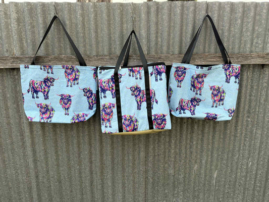 Ready made Shopping Bag Set (insulated cooler bag) - Colourful Highland Cows