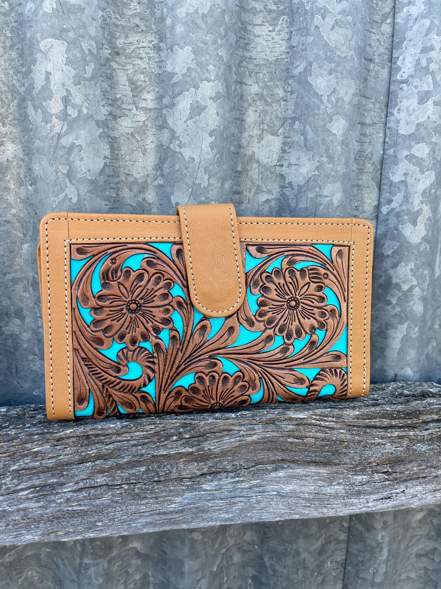 Tooling Leather Carved Clutch Wallet with Turquoise Base