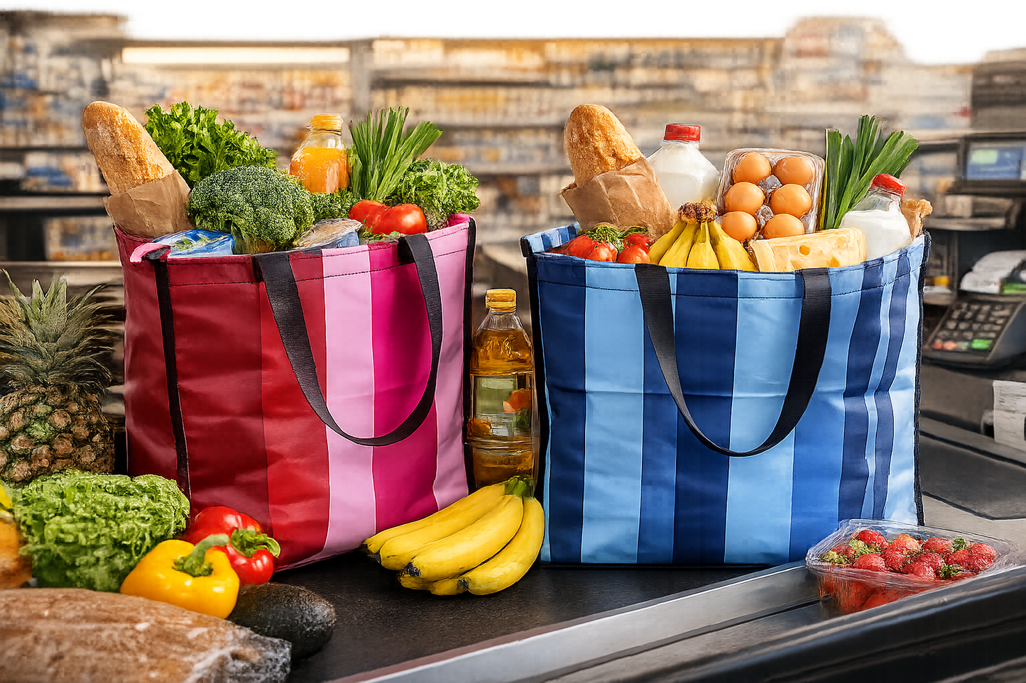 Pvc and fabric shopping bag - Blue stripes