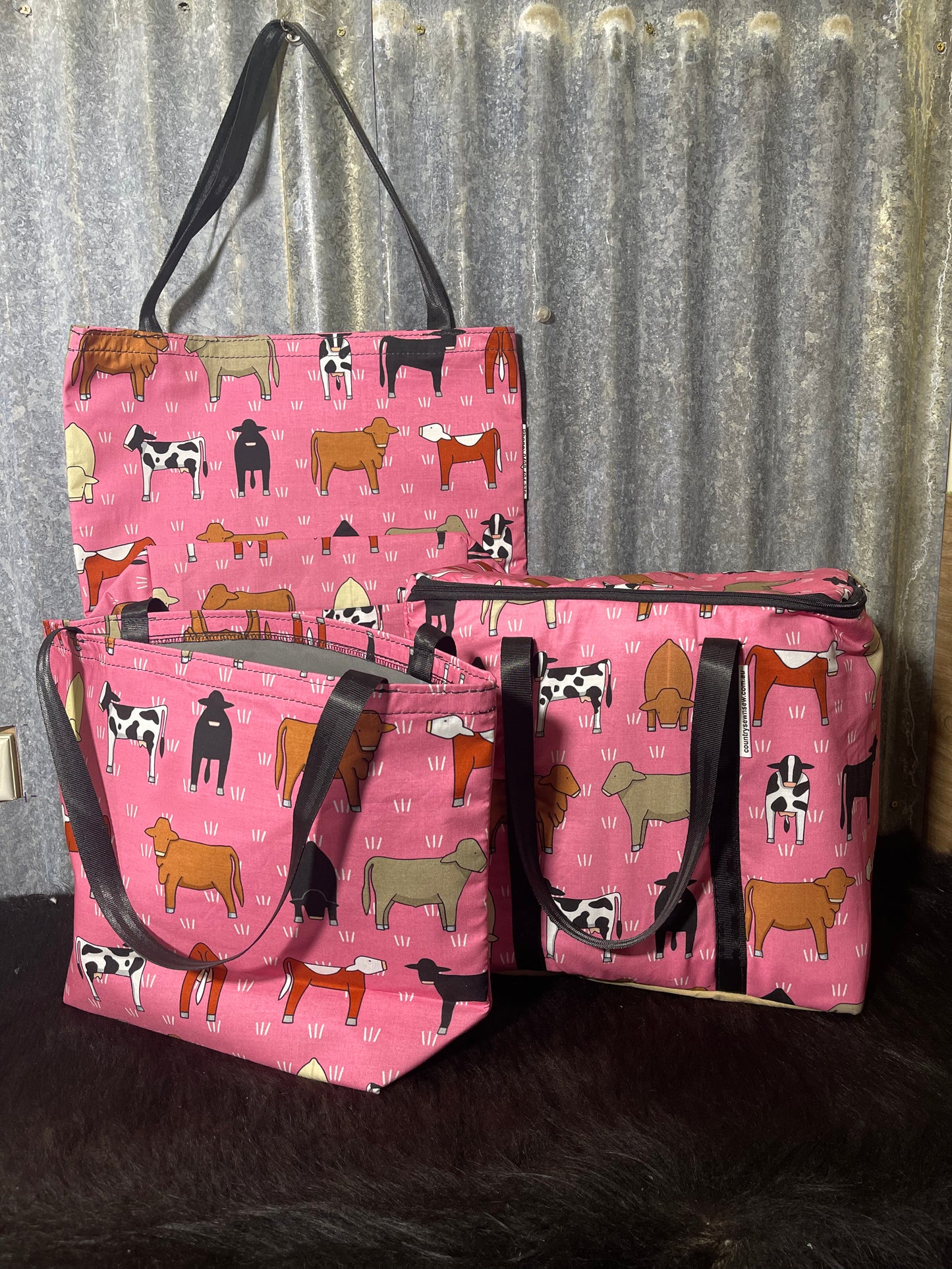 Ready made Shopping Bag Set (insulated cooler bag) - Pink cows