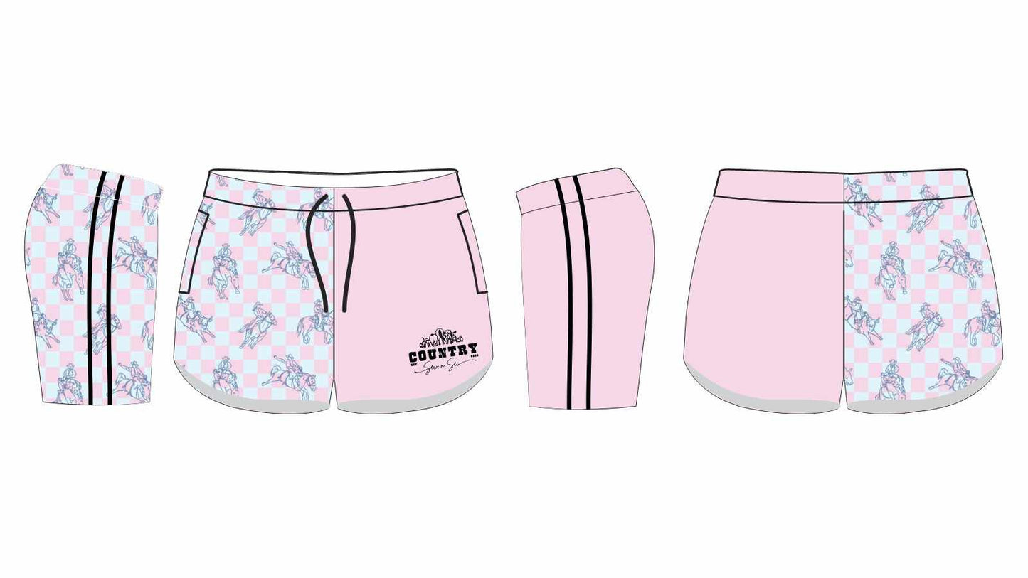 Pre order Footy Shorts - Pink check rodeo