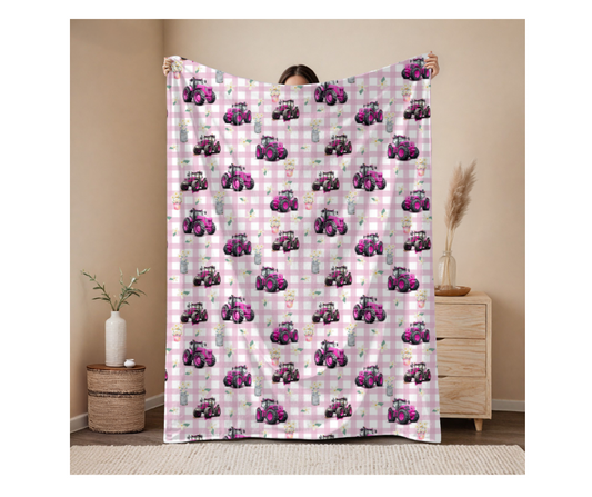 Pre Order Swag Blanket - Pink Tractors on gingham