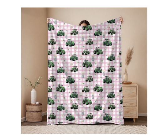 Pre Order Swag Blanket - Green Tractors on pink gingham