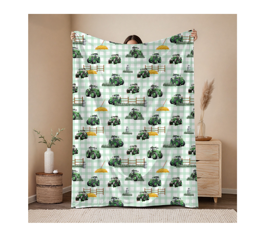 Pre Order Swag Blanket - Green Tractors on gingham