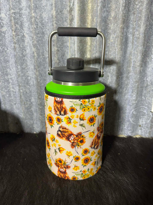 Yeti GALLON with fabric READY MADE - Highland Cows and sunflowers