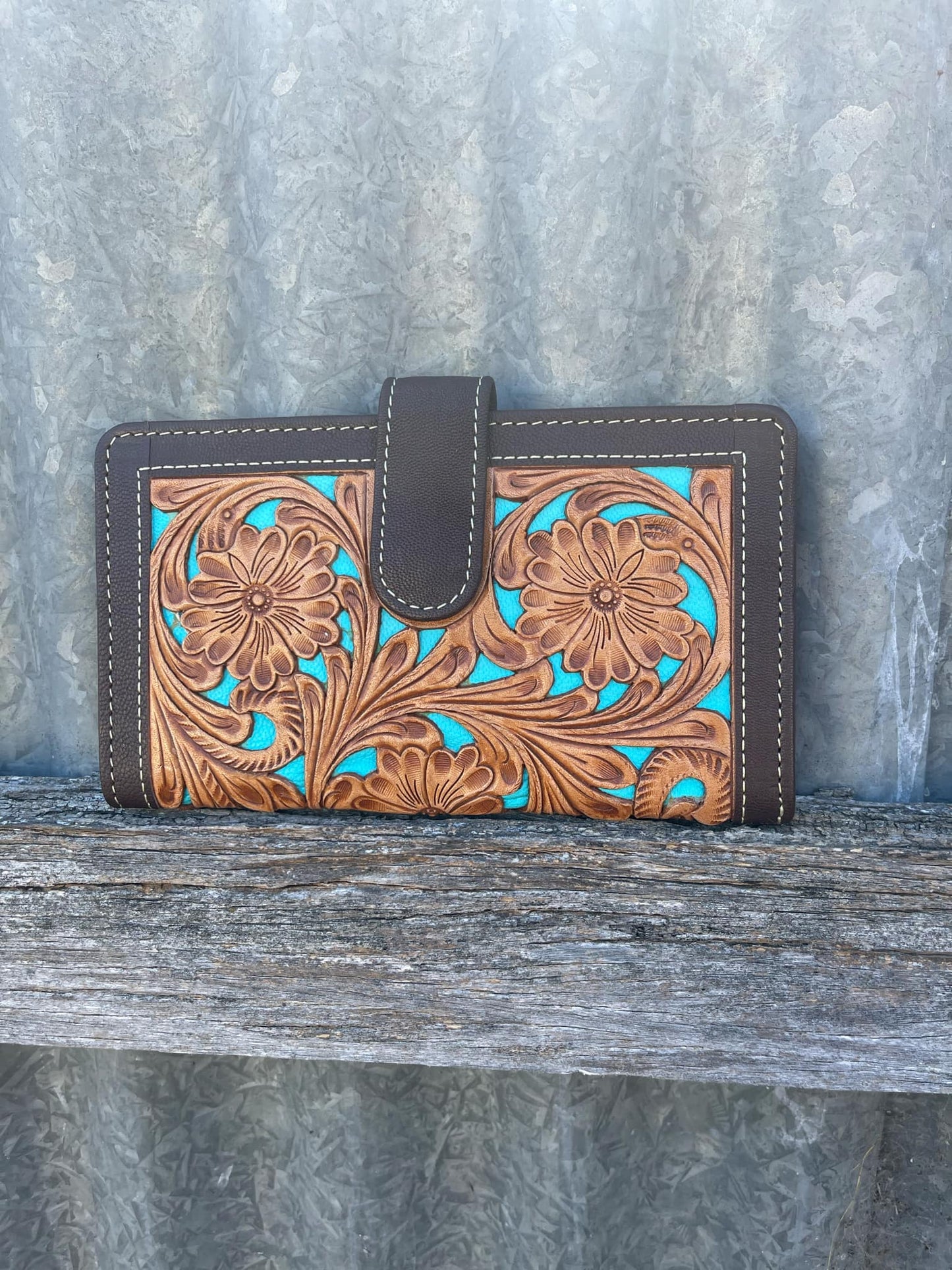 Tooling Leather Carved Clutch Wallet with Turquoise Base