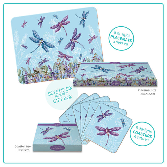 Lisa Pollock placemats and coasters set. - Lavender Dragonflies