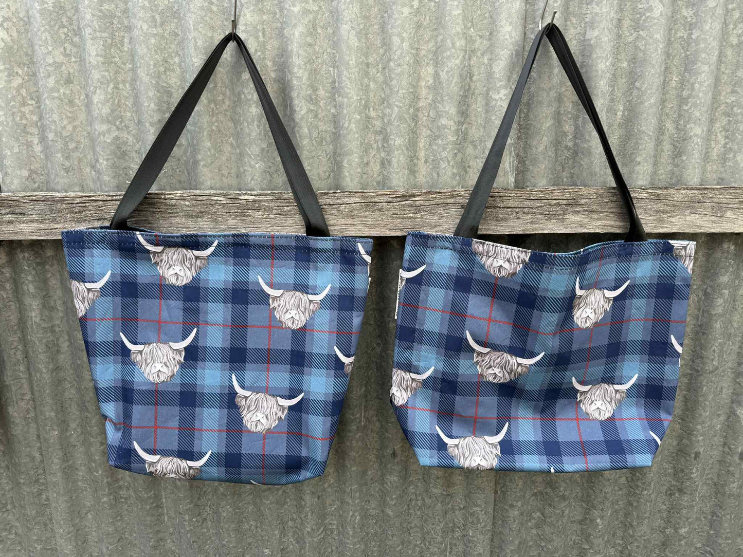 Ready made Shopping Bag Set (insulated cooler bag) - Highland Cows checks