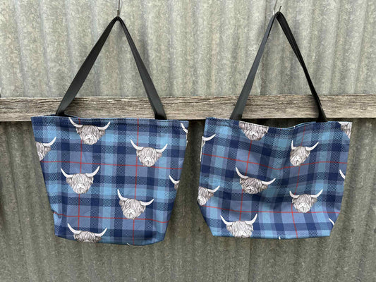 Ready made Shopping Bag Set (insulated cooler bag) - Highland Cows checks