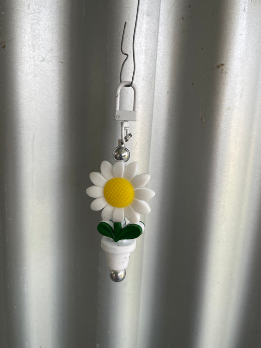 Keyring, beaded - daisy flower pot.