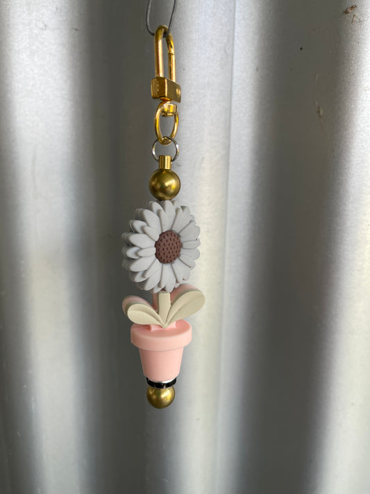 Keyring, beaded - grey daisy flower pot.