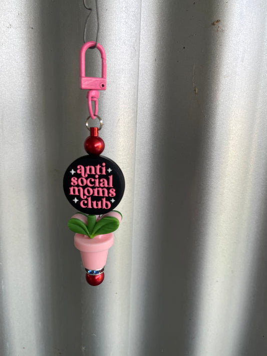 Keyring, beaded - anti social moms club flower pot.