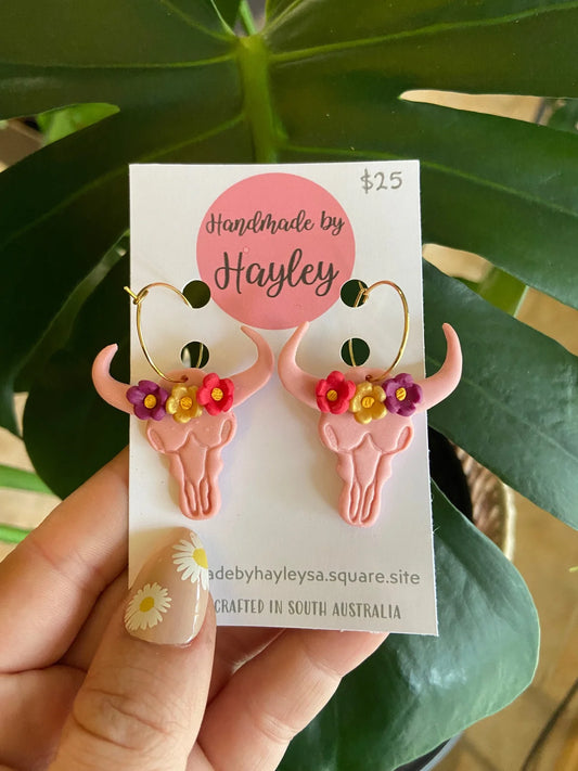 Earrings - Boho Cow Skull Dangles - Pink Floral