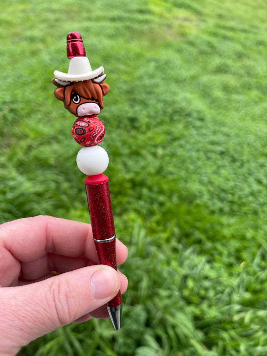 Highland cow red beaded pen