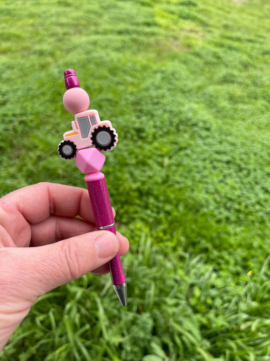 Pink tractor pink beaded pen