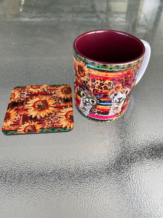 Printed Mug and coaster set. - Llamas