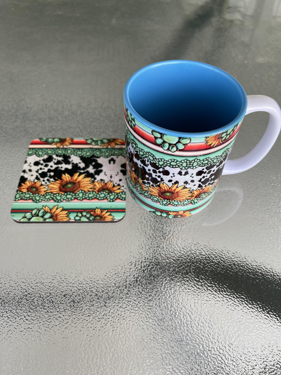 Printed Mug and coaster set. - Cowhide and sunflowers