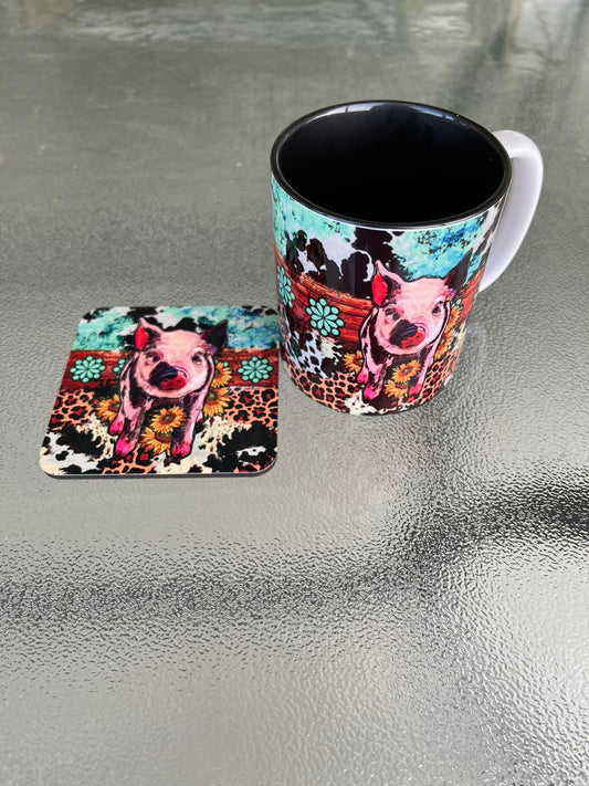 Printed Mug and coaster set. - Pig