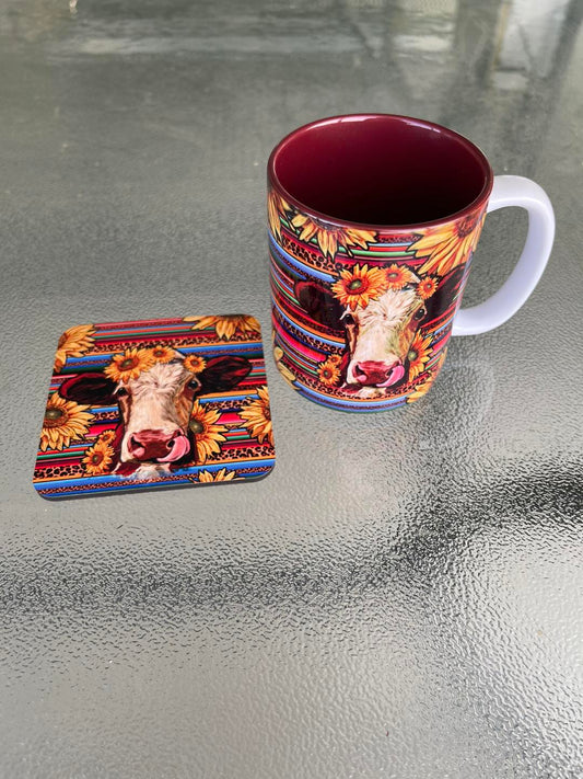 Printed Mug and coaster set. - Hereford Cow