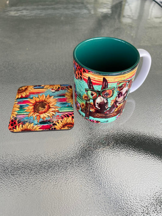 Printed Mug and coaster set. - Donkeys
