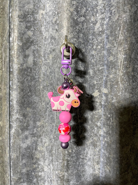 Keyring, beaded - Pink and white cow