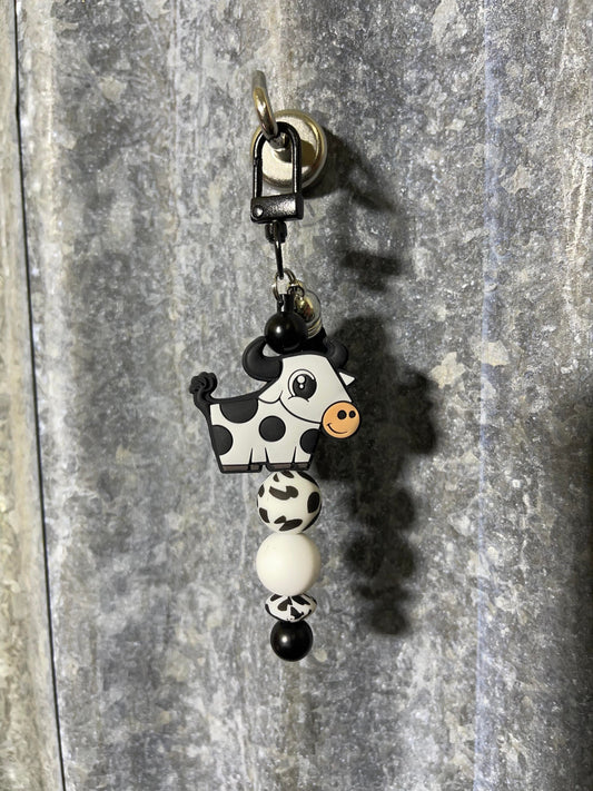 Keyring, beaded - Black and white cow