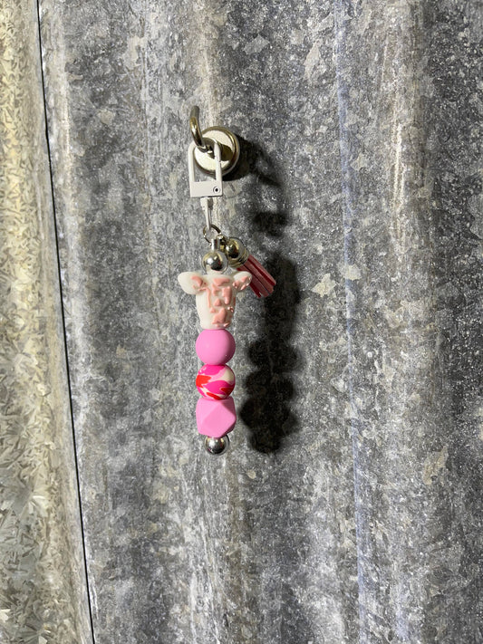 Keyring, beaded - pink cow