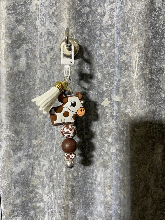 Keyring, beaded - Brown and white cow