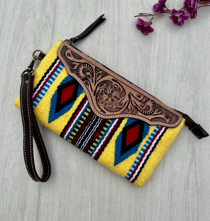 Tooled Saddle Blanket Clutch - Yellow